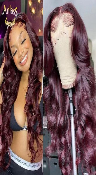 Perruque Lace Front Wig synthétique brésilienne longue et ondulée, cheveux naturels, sans colle, résistant à la chaleur, rouge vin, pour femmes noires, 3801672