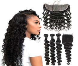 Bundles de cheveux humains lâches et profonds brésiliens avec fermeture frontale en dentelle 4x13 oreille à oreille dentelle frontale avec faisceaux vierge brésilienne 8411486