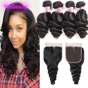 Extensions de cheveux humains bouclés de vague lâche brésilienne 4 paquets avec des paquets frontaux de dentelle 4X4 avec fermeture 5 pièces/lot couleur naturelle