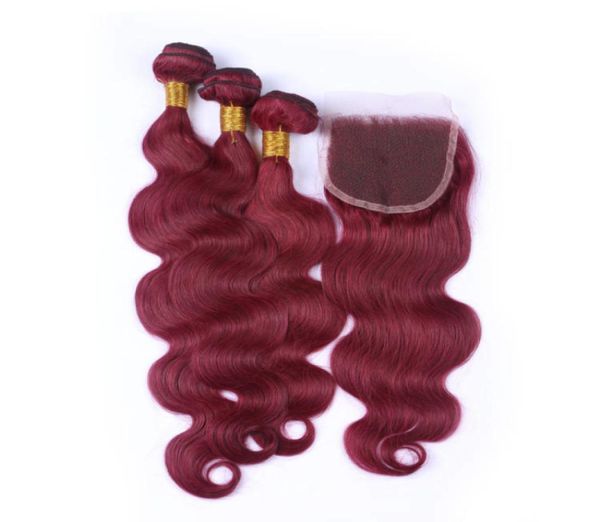 Brésilien Lâche Vague Vierge Cheveux Bourgogne 3 Bundles Avec Fermeture En Dentelle Vin Rouge 99j Cheveux Humains Avec Fermeture 4Pcs Lot Bourgogne Cheveux9031617