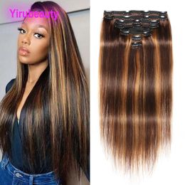 Clips de cabello 100% humano indio malasio brasileño en extensiones de cabello 14-24 pulgadas P4 / 27 Color piano 115-120 g Incluye clips Recto sedoso