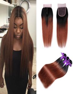 Braziliaanse Ombre 1B33 Gekleurde Haarbundels met Sluiting Real Brazilian Human Hair Vendors Weave Extension 3 Bundel met Midden Pa8716652