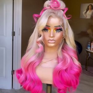 Braziliaanse Ombre Blonde Roze Kant Voorpruiken Preplucked Body Wave 13x4 HD Transparante Synthetische Kant Pruik Cosplay