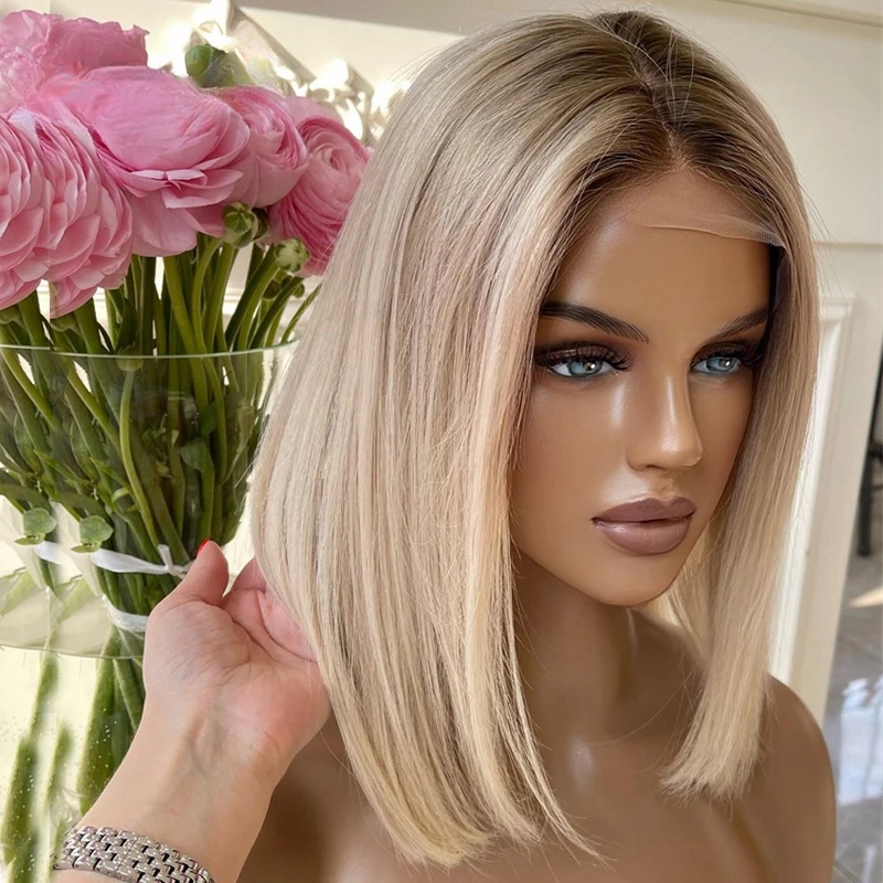 Бразильский омбр -блондин прямой парик с бесквкативным приготовленным моментом короткий парик для волос Bob для женщин 13x4 HD Frontal Wig Wig