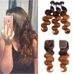 Paquetes de cabello brasileño ondulado marrón oscuro con cierre de encaje, cabello humano de color 430 Ombre, tejido con cierre de encaje 4x46995585