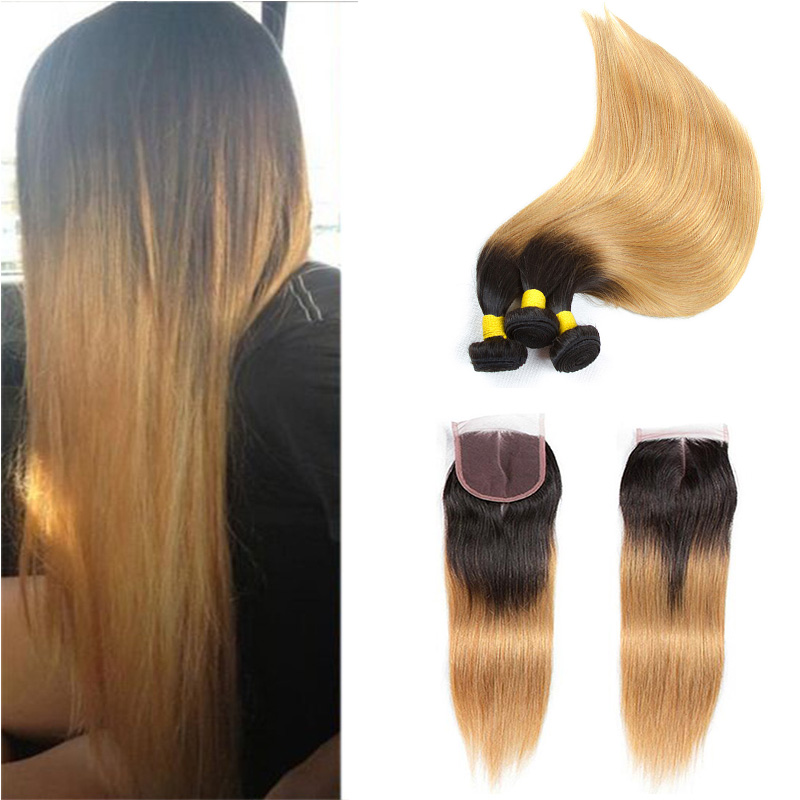 T1B 27 Dark Root Honey Blonde Straight Ombre Human Hair Weave 3 Bundles with 4x4 Lace Closure Cheap Colored Brazilian Virgin Hair Extension