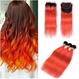 Brésilien Ombre Orange Bundle cheveux paquet traite avec 4x4 dentelle fermeture soyeuse droite # 1B / Orange Ombre cheveux tisse des extensions avec fermeture