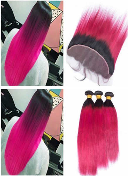 Brésilien Ombre Rose Vierge Cheveux Humains 3 Bundles Offres avec 13x4 Dentelle Frontale Fermeture Droite 1B Rose Ombre Cheveux Tisse avec 3030107