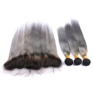 Tissage de cheveux humains brésiliens gris argenté ombré, racine foncée avec fermeture frontale en dentelle 13x4 # 1B/gris ombre, extensions de trame de cheveux vierges