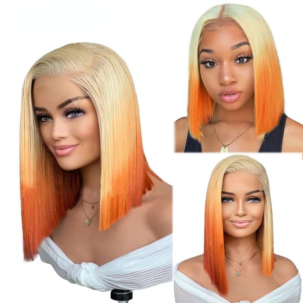 Perruque Bob Lace Front Wig synthétique lisse brésilienne, deux tons ombré, blond 613, couleur Orange, coupe courte, pour femmes