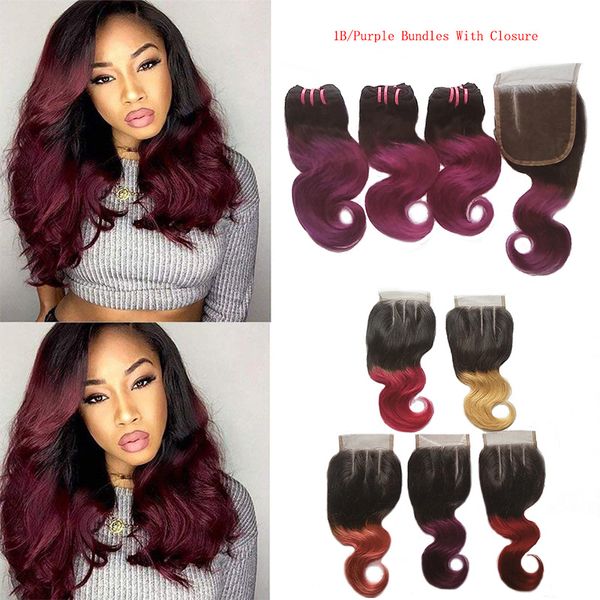 Brazilian Ombre Virgin Hair 3 Bundles con cierre Body Wave Two Tone Brazilian Ombre Color Blonde Pink Fucsia Red Purple Extensiones de cabello