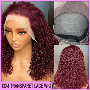 Peluca frontal de encaje transparente, 100% virgen, Remy, cabello humano grueso, Fumi rizado, 13x4, brasileño, peruano, 14 pulgadas, Color rojo vino