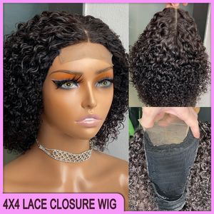 Perruque Lace Closure Wig brésilienne péruvienne indienne, cheveux 100% naturels vierges Remy, 8 pouces, couleur noire naturelle, crépus bouclés, 4x4, marron