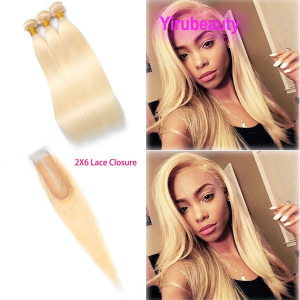 Cheveux humains brésiliens péruviens vierges indiens 613 # couleur blonde 3 faisceaux avec fermeture en dentelle 2x6 partie centrale soyeuse droite 10-30 pouces