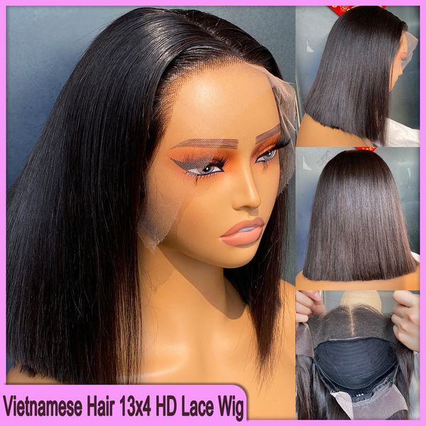 Brésilien péruvien vietnamien double dessiné 12 pouces couleur noire naturelle 100% brut vierge Remy cheveux humains soyeux droite 13x4 HD perruque de dentelle