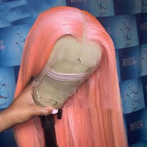 Perruque Lace Frontal Wig brésilienne naturelle, cheveux lisses, rose, noir, rose, pour femmes