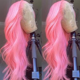 Peluca rosa brasileña, peluca de cabello humano de simulación con encaje frontal ondulado, peluca con malla frontal transparente de 13x4, pelucas de cosplay de colores rojo/azul/marrón para mujeres negras