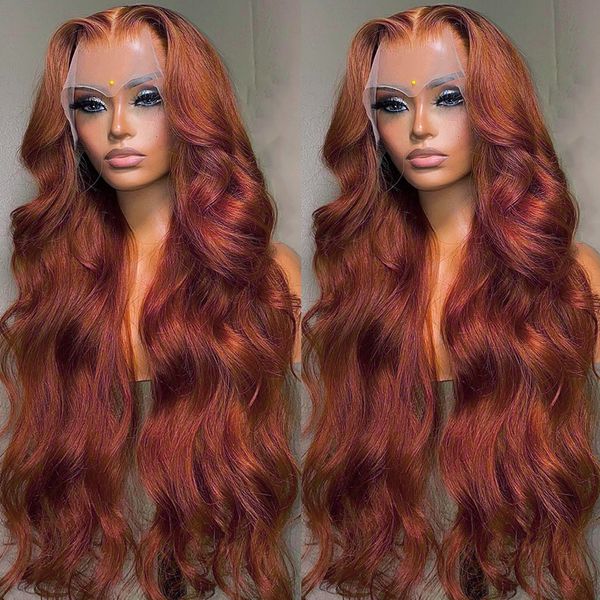 Brasileño Reddish Brown Body Wave Simulación frontal Simulación Cabello humano HD 13x4 Cernera frontal Red /Black /Blonde Repleped Wig Pre Lejado