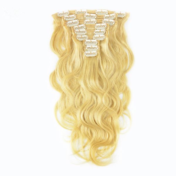 Brésilien Remy cheveux Clip-in Tête Complète Extensions de Cheveux Humains Vague de Corps Blonde Couleur 613 9pcs / Set 120G 14-28 pouces