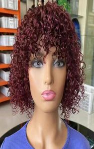 Perruque brésilienne Remy bouclée Jerry avec frange, cheveux naturels courts, couleur naturelle 99J, 150, entièrement faite à la Machine, pour femmes, 3984480