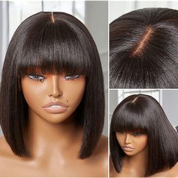 Pelucas de cabello humano de simulación recta de Bob corto brasileño con flequillo pelucas delanteras de encaje completo para mujeres negras peluca con flecos sin cola