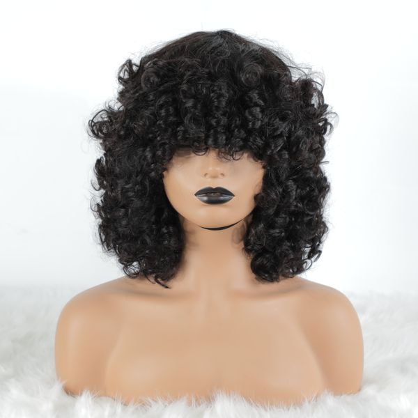 Brasileño corto doble dibujado funmi Curl peluca de cabello humano para mujeres 150 Density Scalp Top Curly Full Machine Made pelucas sin encaje con Bangs Remy