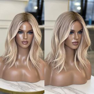 Peluca de cabello humano corto brasileño, venta de peluca Frontal de encaje con resaltado rubio miel ceniza 13x4 para mujer, peluca Bob sintética sin pegamento con ondas naturales