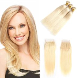 Braziliaanse zijde recht menselijk haar weven 3 bundels 613 blonde menselijke haarbundels met 4x4 vrije onderdelen kant sluiting honing platina maagdelijk haar