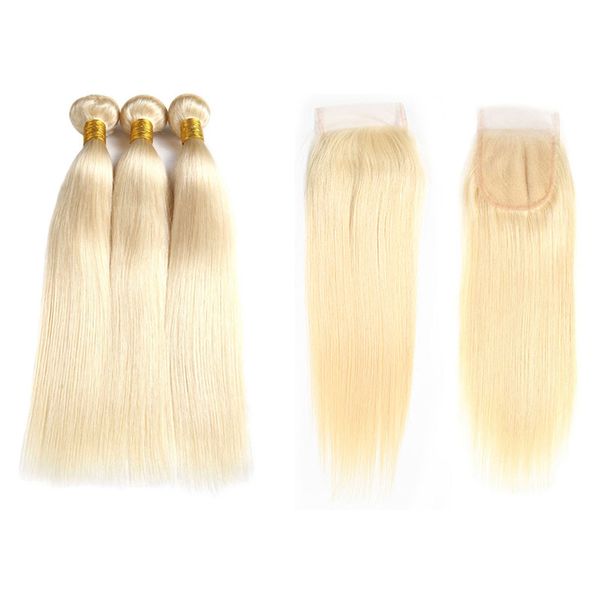 Tissage de cheveux humains droits en soie brésilienne 3 faisceaux avec fermeture 613 extensions de cheveux humains blonds avec fermeture cheveux vierges platine miel