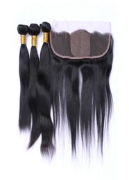 Cheveux brésiliens droits soyeux avec base en soie frontale 4Pcs Lot cheveux brésiliens 3 paquets avec dentelle supérieure en soie frontale Cl3100350