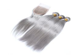 Tissages de cheveux humains brésiliens gris argenté avec fermeture supérieure paquets de cheveux vierges de couleur grise droite offres 3 pièces avec devant en dentelle 4x4 9713070