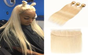 Braziliaanse rechte 613 blonde bundels en kant frontaal 1024 inch 9A blond haarleverancier Peruaans menselijk haarweefsel 613 blond Exte3317760