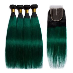 Les cheveux raides brésiliens empaquettent la couleur d'Ombre 1b/vert avec des fermetures de dentelle 4x4