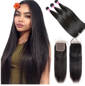 Tejido de cabello lacio brasileño 3 paquetes con cierre 4 * 4 Color natural Jet Black Pelos humanos Tejido Extensión no Remy