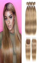 Braziliaanse steil haar geweven bundels met sluiting asblonde kleur 8 4 bundels met 4x4 vetersluiting Remy human hair extensions26605245