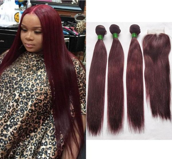 Cheveux humains brésiliens raides 99J Bourgogne 3 Bundles avec 4X4 Partie centrale Fermeture en dentelle Vin Rouge Extensions de cheveux Longueur 1224 pouces3770268