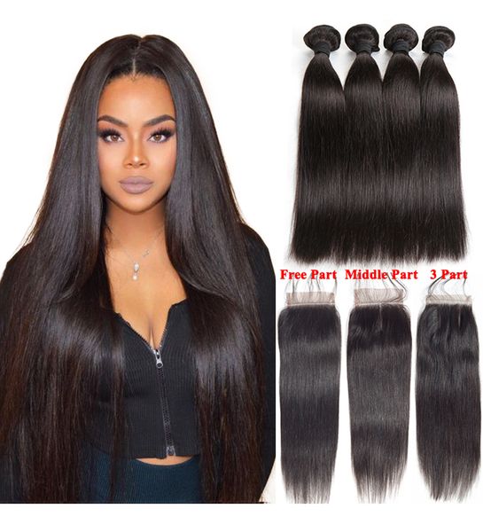 Cheveux humains vierges brésiliens droits 3 paquets avec fermeture en dentelle 4x4 noeuds blanchis 100 g/pièce couleur noire naturelle 1B doubles trames extensions de cheveux