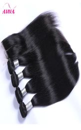 Extensions de cheveux humains vierges brésiliens droits 4pcslot Bundles avec fermeture 4x4 Moyen 3 parties Double trame Dyeable8634707