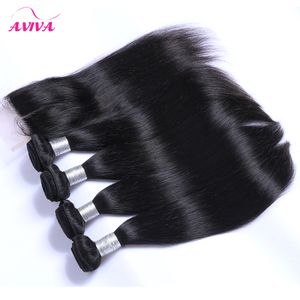 El cabello humano virginal recto brasileño teje extensiones 4pcs / lot Bundles con cierre 4x4 Free Middle 3 Part Double Weft Dyeable