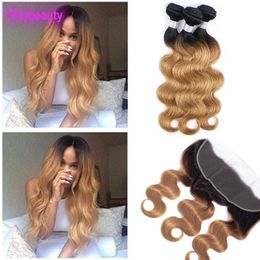 Braziliaanse Virgin Haar 1B/27 Ombre Human Hair Extensions 3 Bundels Met 13X4 Kant Frontale Pre Geplukt Body Wave Haar Inslagen Met Frontals