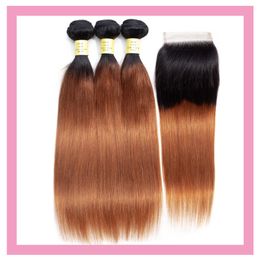 Cheveux vierges brésiliens 1B / 30 Extensions de cheveux humains ombrés 3 faisceaux avec fermeture à lacet 4X4 Midlle Trois parties libres cheveux raides 4 pièces / lot