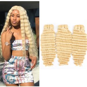 Cheveux vierges brésiliens 3 Bundles Deep Wave 613 # Couleur Blonde 3 Pièces / lot Extensions de cheveux bouclés profonds Double trames 10-28 pouces Blonde