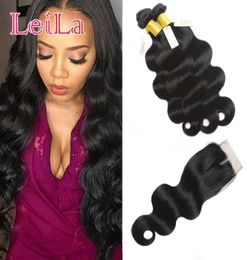 Braziliaans maagdelijk haar 3 bundels met 4X4 vetersluiting Babyhaar 828 inch bundels met sluiting Body Wave Natuurlijke kleur Verfbaar Huma6518301