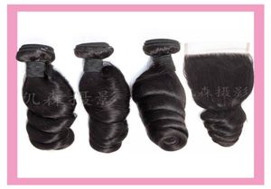 Cheveux vierges brésiliens 3 faisceaux avec 4X4 vague lâche 4 pièces Extensions de cheveux faisceaux de vague lâche avec fermeture en dentelle couleur naturelle 7944760