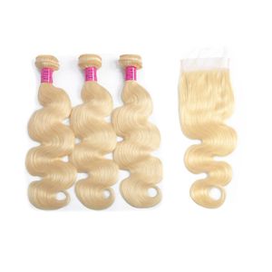 Braziliaanse Virgin Haar 3 Bundels Met 4X4 Vetersluiting Midden Drie Gratis Deel 613 # Blonde Body Wave bundels Met Sluiting Blonde