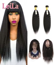 Cabello virgen brasileño 360 Frontal de encaje con 2 paquetes Kinky Straight 100 Tramas de cabello humano sin procesar con cierre de Leila6479385