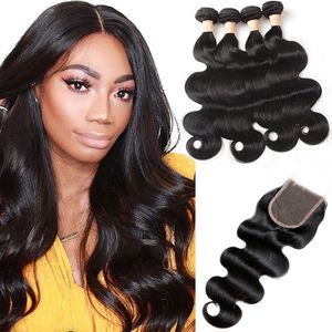 Braziliaanse Virgin Haar 4 Bundels Met 4X4 Vetersluiting Body Wave Human Hair Extensions 8-28 inch natuurlijke Kleur Bundels Met Sluiting