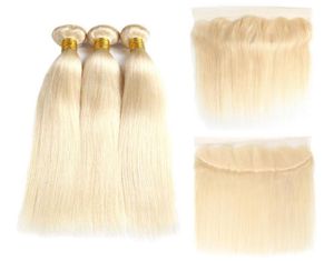 Cheveux vierges brésiliens 613 blonds 3 paquets avec 134 paquets de tissage de cheveux humains droits frontaux en dentelle avec fermeture d'oreille à oreille 4305207