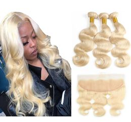 Cheveux vierges brésiliens 613 faisceaux blonds avec vague de corps frontale 8A tissage de cheveux humains non transformés 3 faisceaux avec extensions de cheveux de fermeture5747530