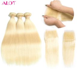 Cheveux vierges brésiliens 613 cheveux humains blonds 3 paquets avec fermeture en dentelle paquets de cheveux raides blonds avec 44 fermeture en dentelle8510384